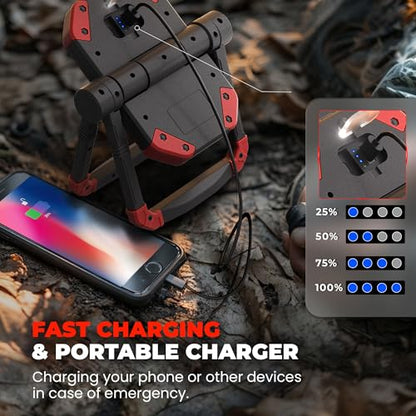 YZONI W6 LED Work Light Rechargeable, 2 COB 2500LM Folding Portable Flood Light with Magnetic Base and 360° Rotation Stand, Spotlights for Camping, Car Repairing, Emergency and Job Site Lighting - color: Dark Red