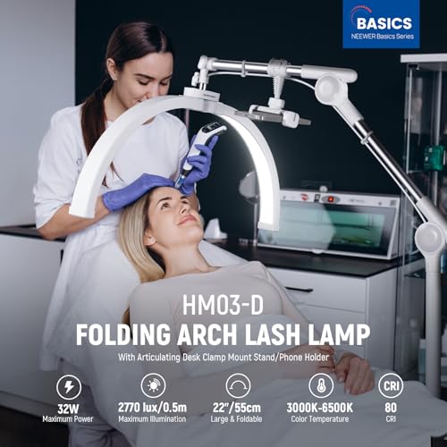 NEEWER Basics 22" Half Moon Lash Light with Articulating Desk Clamp Mount Stand/Phone Holder, 32W Foldable LED Nail Tech Table Arc Lamp for Makeup Beauty Tattoo Overhead Video Recording, HM03-D
