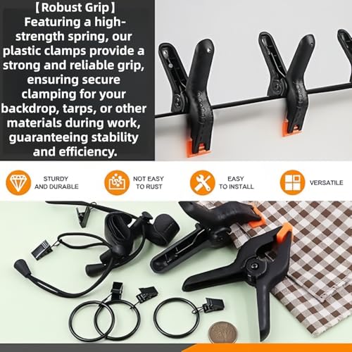 4 in Plastic Heavy Duty Spring Clips for Crafts, Adjustable Elastic Nylon PhotoClips for Photography & Video Studio,10Heavy Duty Spring Clips & 6Backdrop Clip Holders