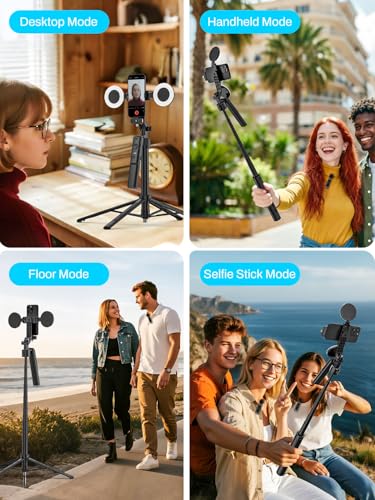 USKEYVISION Vlogging Kit for iPhone,YouTube Starter kit for Content Creators w/Wireless Lavalier Microphone,Auto Face Tracking Phone Tripod 360 Rotation w/Lights,Remote Control,Ground Spike(R01 Kit)