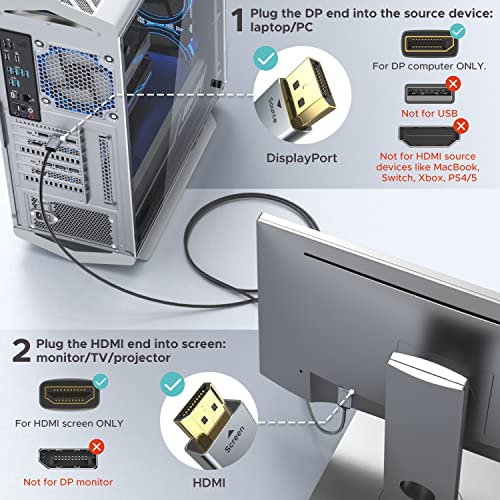Warrky 4K DisplayPort to HDMI Cable 3.3FT[Metal Case, Nylon Cable] One-Way Transmission DP 1.2 Computer to HDMI 1.4 Screen Compatible for Dell, HP, Samsung, PC, Laptop, Projector, TV – Passive - size: 3.3FT, style: 1 Pack