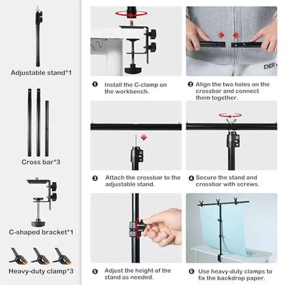 Table Backdrop Stand Kit 3 * 3.3 FT for Product Photography Paper Cloth, T Shape Backdrops Stand Adjustable Background Support Stand Kit with 3 Spring Clamps for Food Photoshoot