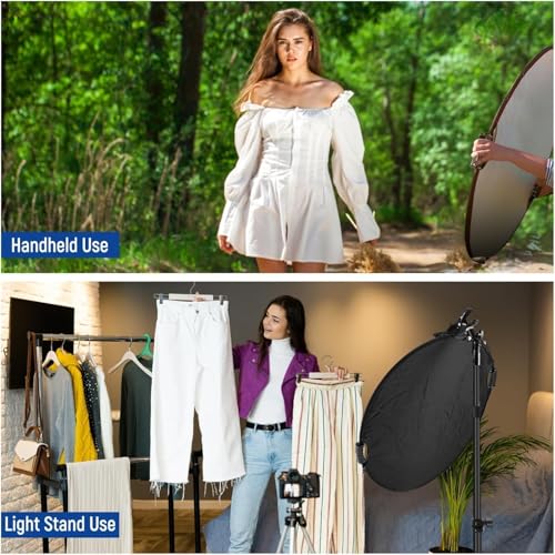NEEWER 22"/56cm 5 in 1 Light Reflector with Clamp & Hand Grips, Polyester Multi Disc Photography Diffuser Translucent/Silver/Gold/White/Black with 3/8" Thread for Studio Outdoor Lighting, RF-56II - style: 56cm w/Clamp