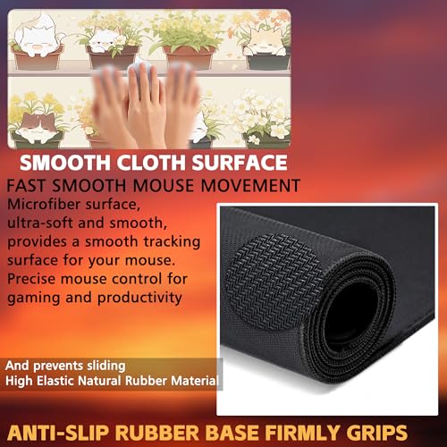 Desk Pad, Cute Cat Potted Plant Desk Mat, Anime Kawaii Cat Large Gaming Mouse Pad for Desk, 31.5"x15.7" Extended Big Computer Keyboard Mouse Pad with Non-Slip Base and Stitched Edge - color: Cute Cat Potted Plant