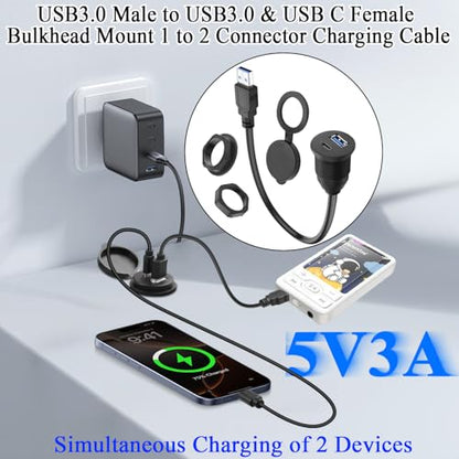 QIANRENON 2-in-1 USB3.0 to USB3.0 & USB C Threaded Fixed Adapter Short Cable 5GBps Type A Male to A + C Female Embedded Mount 1 to 2 Connector, 5V3A Charging, Mounted Car/RV Dashboard, 30cm/11.8in