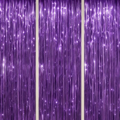DECOCKRAT 3 Pack Foil Fringe Backdrop - Purple Shiny Tinsel Curtains for Party Decoration/Photo Booth Props - 3.3x8.2 FT Metallic Foil Backdrop for Birthday, Wedding, Graduation, Christmas. - color: Purple