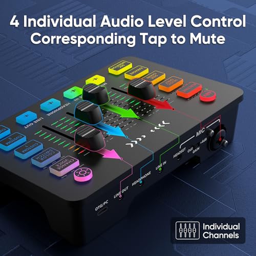 Gaming Audio Mixer with RGB, Streaming/PC Mixer with XLR Microphone Interface, 6 Voice Changing Modes Individual Control, Mute Button,48V Phantom Power