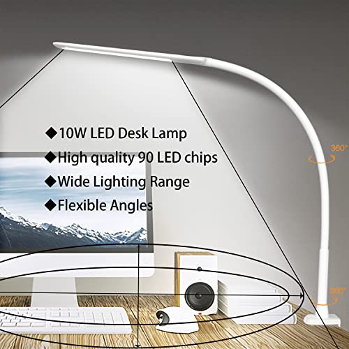 YOUKOYI LED Desk Lamp with Clamp,Flexible Gooseneck Architect Table Lamp - 5 Brightness Levels & 4 Color Modes, Touch Control, Eye-Care 10W Desk Light for Home/Office/Reading/Work(White) - color: White