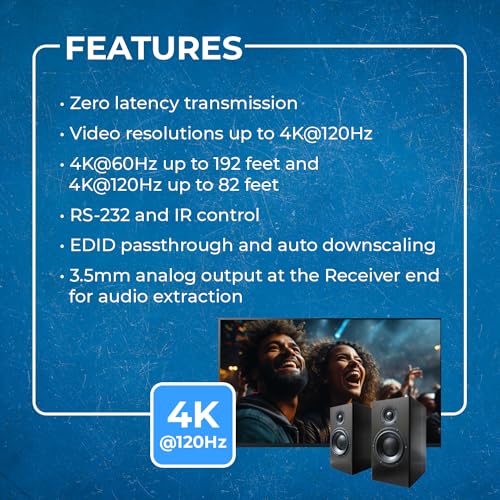 OREI 4K @ 120hz HDMI Over Ethernet Extender Balun - UltraHD 4:4:4 Over Single CAT6/7 Cable with HDR, & IR Control, RS-232 - Up to 100 Ft with CAT6/7 Audio L/R Out (UHD-EX120HZ-K)