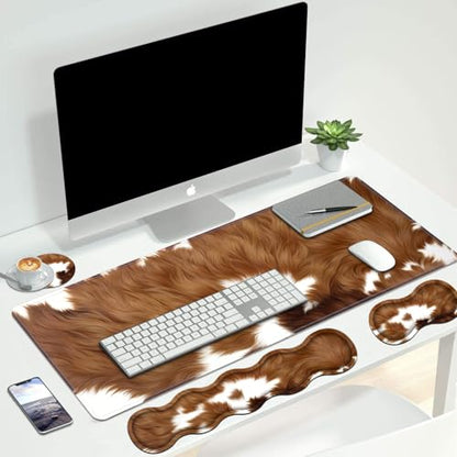 4 in 1 Ergonomic Keyboard Wrist Rest & Mouse Pad Wrist Rest Set, Large XXL Gaming Desk Mat 31.5"x 11.8" with Non-Slip Base, Memory Foam for Home Office Study Gaming, Brown Cow Print - color: Brown Cow Print