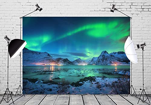 BELECO 10x8ft Fabric Aurora Borealis Night Sky Backdrop Arctic Snow-Capped Mountains Lake Scenery Starry Sky with Polar Lights Norway Winter Landscape Background Wallpaper Home Decor Photo Props - size: 10x8FT