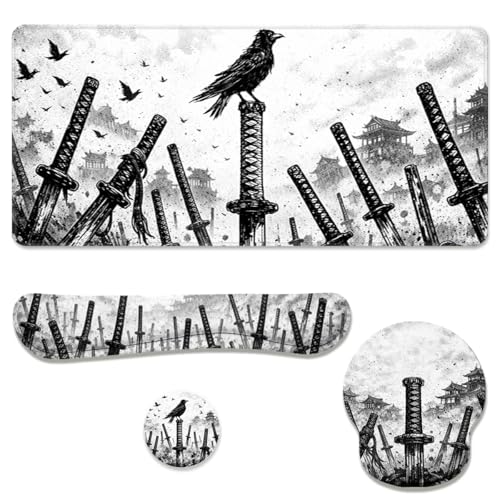 Samurai Swords Desk Mat Set Dark Warrior Art Large Mouse Pad with Wrist Rest 4in1 Desk Mat for Desktop Ergonomic Computer Desk Arm Wrist Anti-Slip Computer Ergonomic Mouse Pad Home Office Gaming - color: Samurai Swords