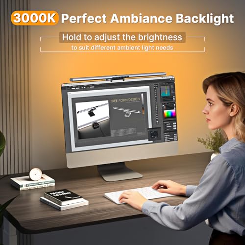 Syrinx 16.7" Computer Monitor Light Bar with Ambient Backlight, USB Reading LED Lamp, Screen Monitor Lamp, Touch + Gesture Control, Dimmable Desk Light, Eye-Caring, No Screen Glare for (Basic) - style: Minimalist