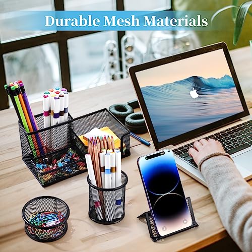 Mesh Pen Holder for Desk Pencil Holders 5 Pieces Desk Organizer Office Supplies Caddy with Sticky Notes Holder for Office School Home Black - style: 5 Piece Set