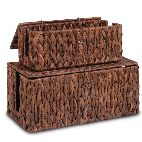 efluky 2 Pack Water Hyacinth Floor Cord Covers with Lid, Hand-Woven Cable Management Box, 2 Open Slots Cord Box to to Hide USB Wire, Power Strip & Charger for Home & Office and Dorm, Brown - color: Brown