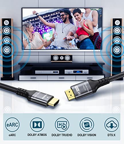 Certified 10K 8K 4K HDMI 2.1 Cable 8FT, 48Gbps Ultra High Speed HDMI® Cord | Ethernet CEC 4K 240Hz 165Hz 144Hz 120Hz 8K 60Hz eARC Netflix HDCP2.3 HDR10+ PC Laptop RTX5090 TV Monitor Projector X-box PS5 - size: 8.2 ft
