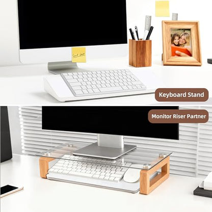 VUSIGN Glass Desktop Whiteboard with Storage, 6.8" x 15.8" Small Dry Erase Board, Desk Organizer Whiteboard, Computer Keyboard Stand, Includes 4 Markers, 1 Eraser for Office, Home, School