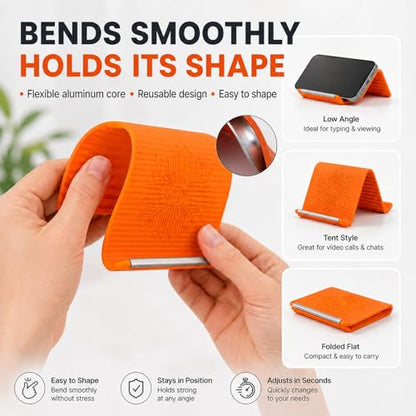 2PCS Portable Foldable Silicone Aluminum Phone Holder, 2026 New Flexible Silicone Phone Stand, Adjustable Airplane Phone Holder for Tablet Laptop Desk Travel Non-Slip Office Treadmill - color: Orange&Black-2PCS-New