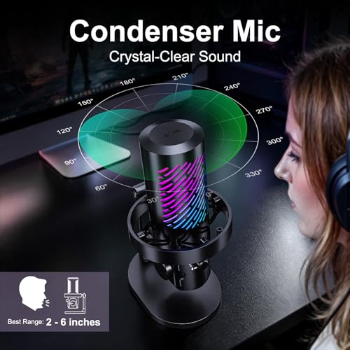 tenlamp RGB USB Gaming Microphone for PC, Streaming & Podcast, Cardioid Condenser Mic with Noise Reduction, Touch Mute, Headphone Monitoring, Gain Control, Plug & Play for Mac Phone