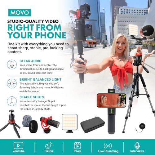 Movo iVlogger-PRO Vlogging Kit for iPhone with Mic, Light, and Tripod | Professional YouTube Starter Kit for iPhone and Android with VXR10 Mic, Rechargeable RGB Light, Two Tripods, Case, and More