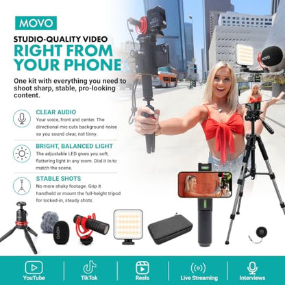 Movo iVlogger-PRO Vlogging Kit for iPhone with Mic, Light, and Tripod | Professional YouTube Starter Kit for iPhone and Android with VXR10 Mic, Rechargeable RGB Light, Two Tripods, Case, and More