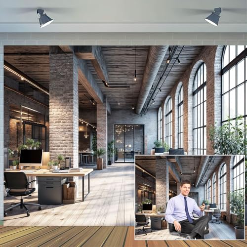 7X5ft Modern Office Backdrop for Video Conference Business Backdrops Rustic Brick Wall Virtual Office Scene Photography Studio Background Holiday Party Birthday Live Zoom Photoshoot Props - size: 7X5FT