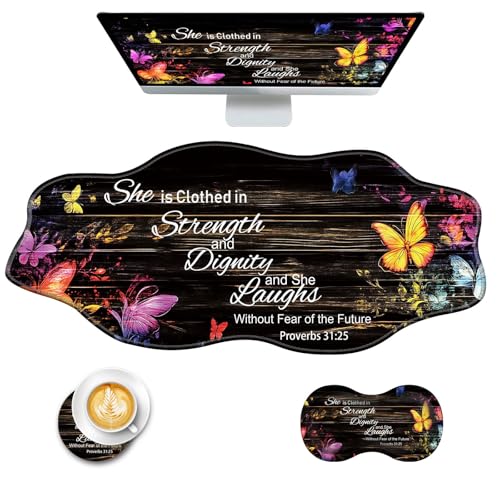Mouse Pad with Wrist Support + Desk Mat + Coaster 3 in 1 Set, XXL Large Gaming Mousepad Ergonomic Mouse Pads for Desk Computer Laptop Office,Floral Butterfly Bible Verse Proverbs 31-25 - color: Floral Butterfly Bible Verse Proverbs 31-25, size: 3 Pcs-XXL