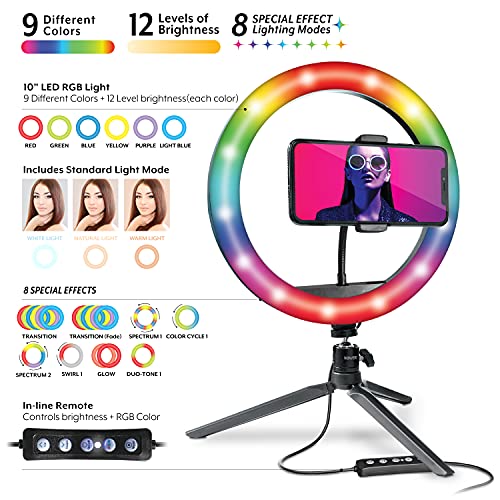 Bower 10 inch RGB Selfie Desktop Ring Light Stand Studio Kit - Ultra Wide Range, 9 Colors, 12 Brightness Levels, Special Effects, Tripod, Phone Clip/Holder