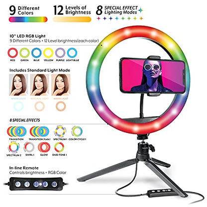 Bower 10 inch RGB Selfie Desktop Ring Light Stand Studio Kit - Ultra Wide Range, 9 Colors, 12 Brightness Levels, Special Effects, Tripod, Phone Clip/Holder