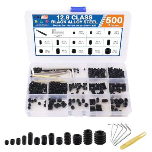 500PCS Set Screws, 13 Sizes Metric Set Screw Assortment Kit, M3, M4, M5, M6, M8 Allen Head Hex Socket Head Grub Screws for Bathroom Fixtures, Alloy Steel Black(5 Wrenches, 1 Tweezer) - size: 500PCS-Black