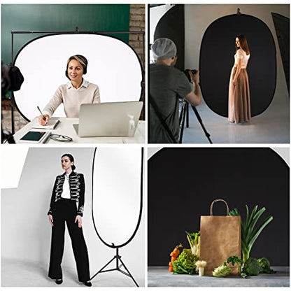 5 * 6.5 ft (2mX1.5m) 2 in 1 Polyester Muslin Black White Collapsible Backdrop Pop-Up Portable Collapsible Reversible Photography Background with Carrying Bag - color: Black/White（5*6.5ft）