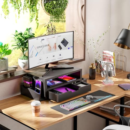 Simple Trending Wood Monitor Stand Riser with Drawer and Pen Holder, Desk Organizer for Home Office, Black - size: 20.25"W x 9.25"D x 5.5"H