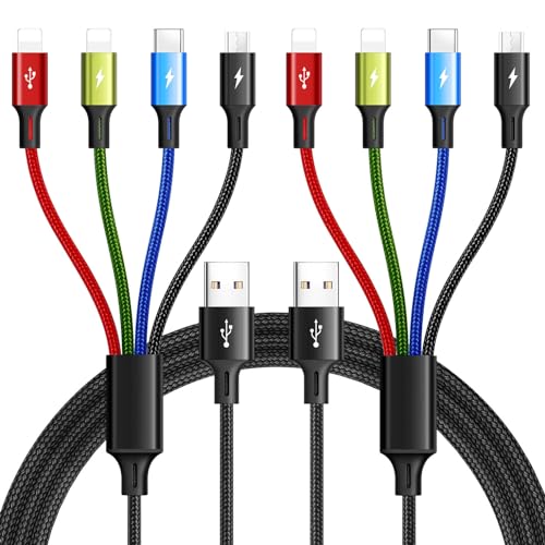 Multi Charging Cable 3.5A Multiple Charger Cable Braided 4 in 1 Multi USB Cable Fast Charging Cord with IP/Type C/Micro Ports for Cell Phones/iPhone Series/Tablets/Samsung Galaxy & More (2Pack 4Ft) - color: Black