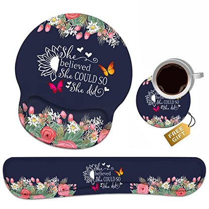 Keyboard Wrist Rest + Mouse Pad Wrist Support Set with Coasters, She Believed She Could So She Did Inspirational Quote Design Non-Slip PU Base Ergonomic Mousepad for Home Office Working Studying - color: She Believed She Could So She Did-2