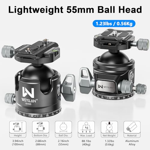 Tripod Ball Head with Knob Clamp 55mm Heavy Duty Ball Head with Mlok Rail Arca Swiss Quick Release Plate, WEYLLAN KH55 Low Profile Camera Tripod Head Mount for Hunting Photography Max Load 88lbs/40kg