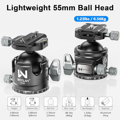 Tripod Ball Head with Knob Clamp 55mm Heavy Duty Ball Head with Mlok Rail Arca Swiss Quick Release Plate, WEYLLAN KH55 Low Profile Camera Tripod Head Mount for Hunting Photography Max Load 88lbs/40kg