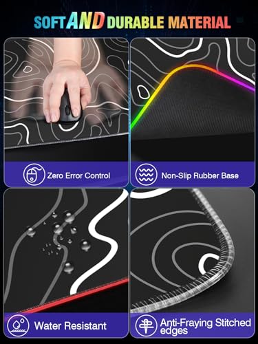 Wireless Charging RGB Gaming Mouse Pad, 31.5"x15.7" XXL Large Desk Mat, Desk Pad for Gamer, 9 Light Modes, Non-Slip Rubber Base, Waterproof, Computer Keyboard Mat, Black - color: Black-white Topographic Line