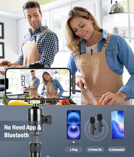 Wireless Mini Microphone for iPhone：2 Pack Lavalier Lapel Mic with AI Noise Cancellation & 70ft Range, 16H Total Battery, Plug and Play Clip-on Android Microphone for YouTube TikTok Podcast Vlogging