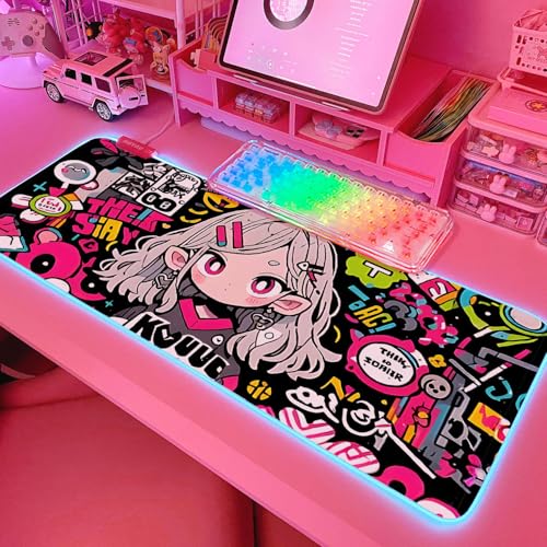 JMIYAV Pink RGB Gaming Mouse Pad 31.5x12 Inch PC XL Large Extended Glowing Led Light Up Desk Pad Non-Slip Rubber Base Computer Cute Mousepad Mat Desk Accessories Gaming Setup 371 - color: Pink Static