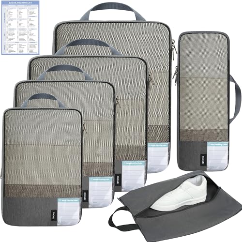 BAGAIL 6 Set Lightweight Compression Packing Cubes with Packing List, Anti-Tearing Expandable Organizer Bags for Travel, Dark Grey - color: Dark Grey