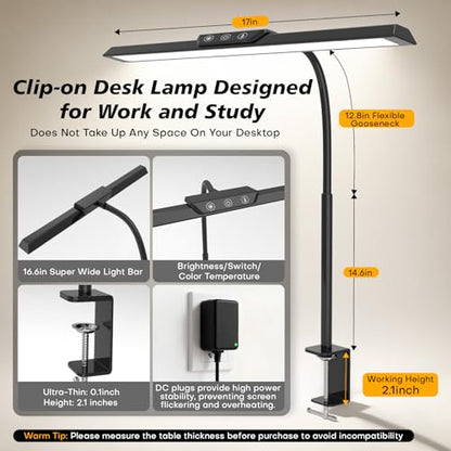 LED Desk Lamp for Office Home, Stepless Dimming Architect Desk Light with DC Adapter, Eye-Caring Desk Lamp with Clamp, 25 Lighting Modes Adjustable 12.8in Flexible Gooseneck for Workbench(Black) - color: Black