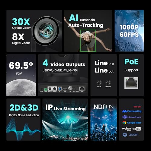 NDI PTZ Camera AI Auto Tracking 3G-SDI/USB3.0/HDMI/LAN PoE 30X Optical and 8X Digital Zoom Live Streaming Camera 1080P 60FPS for Church Services Worship Education Events vMix OBS YouTube - color: coal black