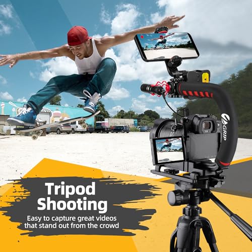 Zeadio Video Handheld Stabilizer, All-in-One Camera Handle Grip Rig Kit with Dimmable LED Video Light, Microphone, Phone Holder, Action Camera Adapter for Filmmaking Vlogging YouTube TikTok etc - style: Pro Kit