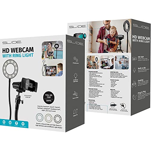 Slide 720P HD Webcam with Portable Ring Light and Clamp-on Stand, Streaming Camera with Mic, 30 FPS, 30 Light Modes, 2 Flexible Arms, Secure Clamp, Includes Sliding Lens Cover and USB Cable - size: 720P