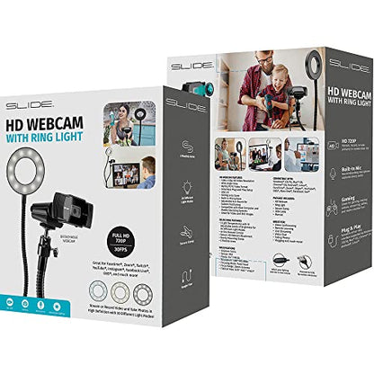 Slide 720P HD Webcam with Portable Ring Light and Clamp-on Stand, Streaming Camera with Mic, 30 FPS, 30 Light Modes, 2 Flexible Arms, Secure Clamp, Includes Sliding Lens Cover and USB Cable - size: 720P