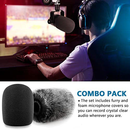 Windscreen Pop Filter Compatible with Rode Podmic, Procaster, Podcaster, NT1, NT1-A, NT2-A, NT-USB, K2, NT1000, NT2000,Mic Foam Cover +Furry Wind Muff Mic Cover Compatible with Rode Podmic,Combo 2Pack