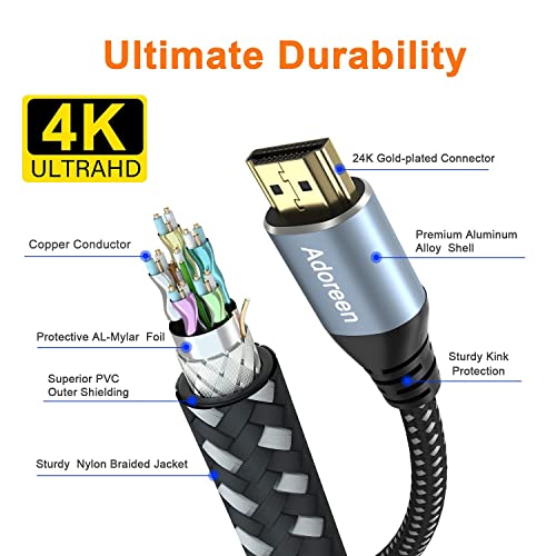 Adoreen 4K HDMI Cable 40 Feet,High Speed 18Gbps HDMI 2.0 Cable Cord,4K@60Hz,2K,1080P,ARC HDR HDCP 3D,Sturdy&Flexible&Untangled&Supreme Texture,Compatible Monitor UHD TV PC PS5 +5 Ties - size: 40 FT-1PK