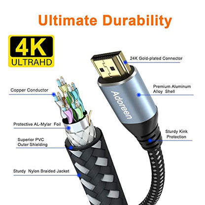 Adoreen 4K HDMI Cable 40 Feet,High Speed 18Gbps HDMI 2.0 Cable Cord,4K@60Hz,2K,1080P,ARC HDR HDCP 3D,Sturdy&Flexible&Untangled&Supreme Texture,Compatible Monitor UHD TV PC PS5 +5 Ties - size: 40 FT-1PK