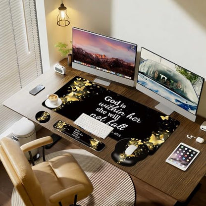 Desk Mat Set + Keyboard and Mouse Pad with Wrist Rest Support,4-in-1 Large Mousepad Computer Mats for Desktop Home & Office-Golden Butterflies - color: D2-Golden Butterflies