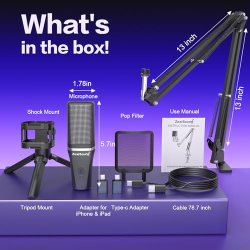 ZealSound Microphone for PC, USB Condenser Gaming Mic with Noise Reduction, Gain Control, Mute, Zero-Latency Monitoring, RGB Lighting, Boom Arm & Tripod Stand for Mac iPhone Android Podcasting TikTok - color: Black